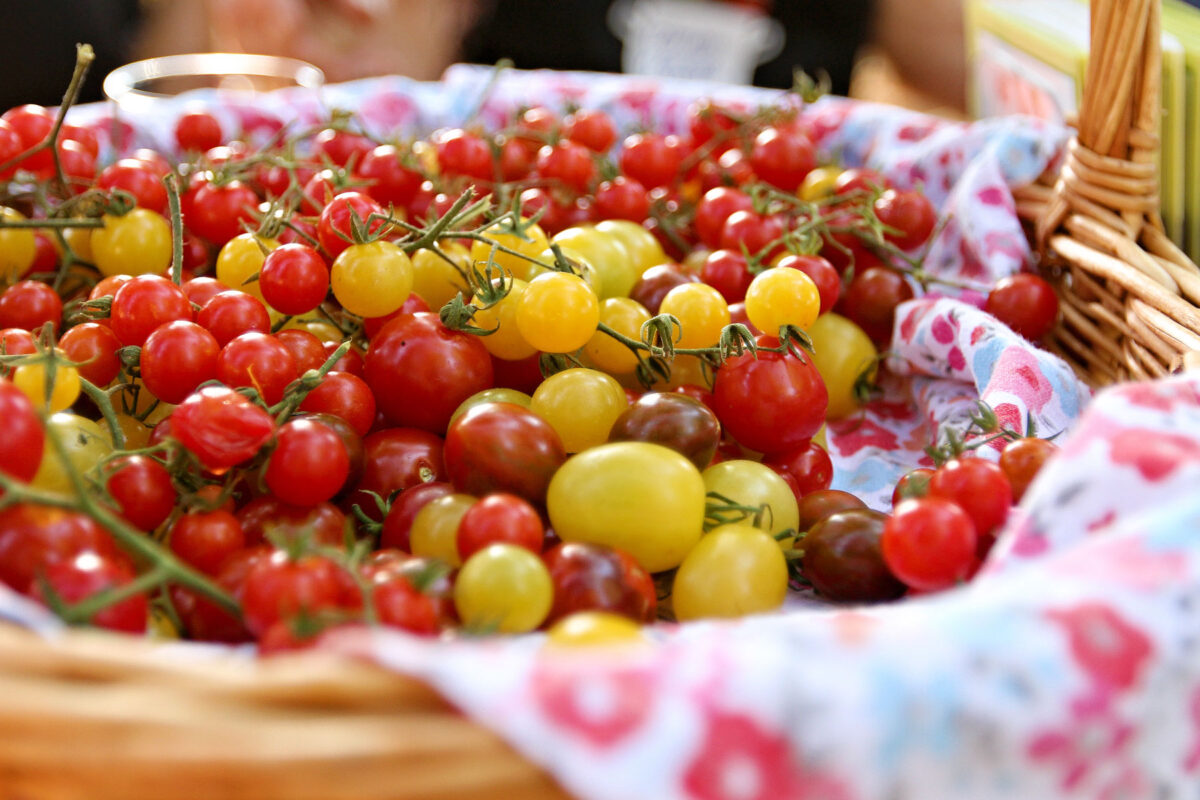 Closeup of cherry tomatoes in a basket